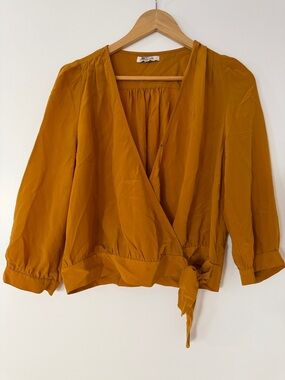 Madewell Mustard Wrap Silk Blouse with Tie Waist 100% Silk
